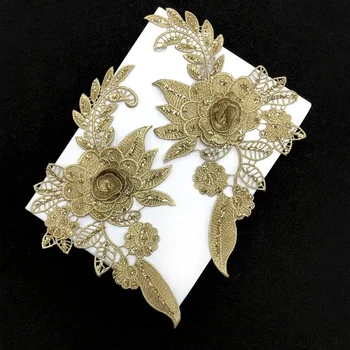 1paris Luksuzni Zlate Kroglice Tiste Vezenine Cvet 3D Čipke Krpo Aplicirano Okraskov Poročno Obleko Šivanje DIY Obliž 26x16cm