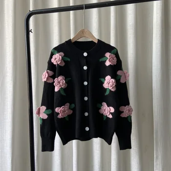 2021 jesenska in zimska oblačila novo Hong Kong retro slogu knitted zgornji del ženske rose vezenje kontrast pulover cardigan
