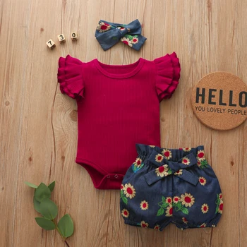 2021 Poletje Novo Novorojenčka Otroci Baby Dekleta Obleke Obleke Romper Bodysuit + Cvet Tiskanja Hlače Modi Otroška Oblačila Ropa Bebe Slike 2