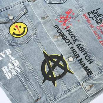 2021 Temno Ulične Grafiti Pismo Tiskanja Moških Hip Hop Punk Denim Jakna, Plašč Design Pranje Kavbojke Outwear Vintage Oblačila Blousons
