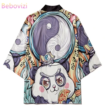 2022 Japonski Anime Panda Kimono Hlače Nastavite Jopico Cosplay Majica Bluzo za Ženske Yukata Poletje Plaža Haori Tradicionalna Oblačila