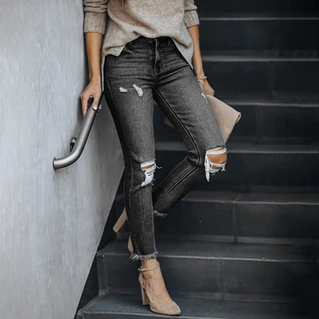 2022 Jeans Ženska Raztrgala Slim Fit Ulične Priložnostne Visok Pas Črne Skinny Vintage Moda Stretch Ženske Hlače