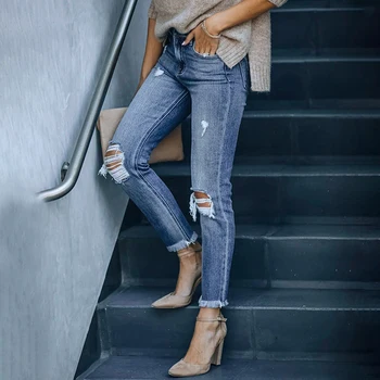 2022 Jeans Ženska Raztrgala Slim Fit Ulične Priložnostne Visok Pas Črne Skinny Vintage Moda Stretch Ženske Hlače Slike 2