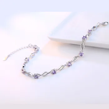 925 sterling srebrna zapestnica visoke kakovosti retro moda ženska, vijolični kristal štiri vile DIY zapestnica dolžine 20.5 CM Slike 2