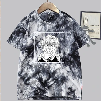 Anime Tie Dye T-shirt Demon Slayer Agatsuma Zenitsu Smešno Kratek Rokav Hip Hop Top Slike 2