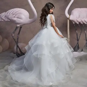 Beli Cvet, Dekleta Obleke za Poroko 2021 Žogo Obleke Zamah Vlak Ogrlicom Til Prvem Obhajilu, Halje za Deklica Princesa F