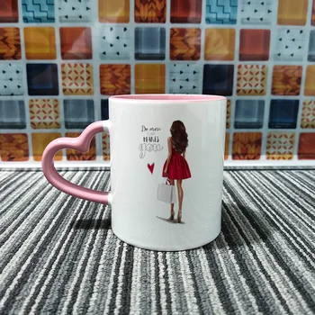 DIY Risanka Rdečo obleko dekle Vrč fotografije po Meri pokal Print logo, Narejene Roza srce Kave Skodelice Skodelice Darilo za Družino KTDZ-RW-006-FA