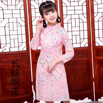 Dolg Rokav Peony Tradicionalno Kitajsko Obleko Dekleta Cheongsam Qipao Slog Srčkan Baby