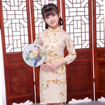 Dolg Rokav Peony Tradicionalno Kitajsko Obleko Dekleta Cheongsam Qipao Slog Srčkan Baby Slike 2
