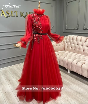 Elegantne Dolge Rokave Formalnih Obleke za Ženske Rože Rdeče Črte Til arabski Dubaj Večer Stranka Halje 2021 Oblačilih, De Soirée Slike 2