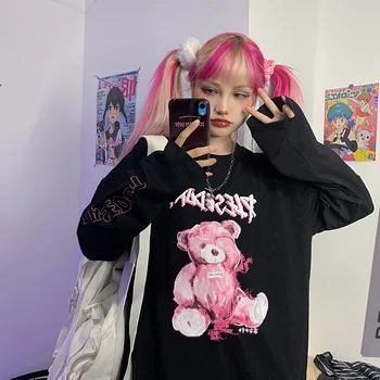 Japonski Ulične Medved Grafični Temno Dolgo Rokavi T-Shirt Grunge Oblačila Harajuku Kpop Mestnih Oversize korejskem Slogu Žensk Vrh