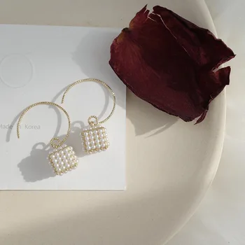 Korejski novega modela, vroče prodaje modni nakit preprost kocka s biser uhani elegantno divje uhani za ženske, darilo Slike 2