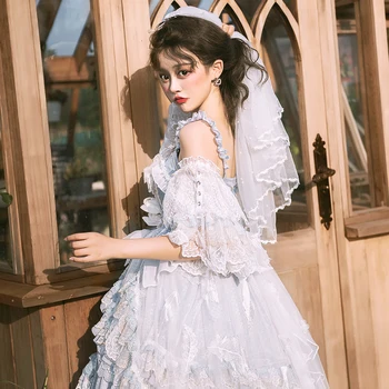 Melonshow Gothic Lolita Obleko Plus Velikost Modra Sladko Princesa Čajanka Poročno Obleko Čipke Brez Rokavov Ženske Kawaii Oblačila Slike 2