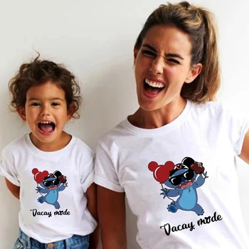 Moda Za Lilo & Stitch, Tiskanje Famliy Videz Tshirts Smešno Risanka Otroci T Shirt Srčkan T-Shirt Priložnostne Tee Družino Ujemanje Oblačila