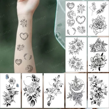 Nepremočljiva Začasni Tattoo Nalepke Srca V Obliki Geometrijskih Venec Rose Cvet Črno Roko Prst Flash Tattoo, Moških, Žensk, Otrok Tatto Slike 2