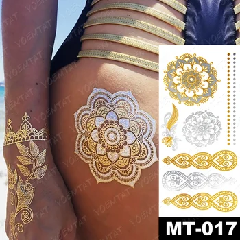 Nepremočljiva Začasno Henna Mandala Tattoo Nalepke, Zlata, Srebrna Kovinski Flash Tattoo Boho Stranka Cvet Nakit, Bleščice, Body Art,
