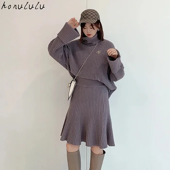 Novi izdelki za jesen/zimo 2021 ženske nežna barva turtleneck bombaž pulover + krilo obleko