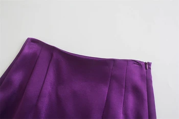 Pomlad Jesen Nov Modni Seksi Ženske, Vijolična Svetleč Saten Teksturo Visoko Pasu Barva Mini Krilo Zadrgo Ženske Slike 2
