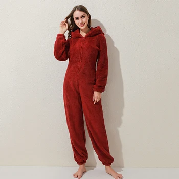 Pozimi Toplo Pižame Ženske Onesies Puhasto Runo Jumpsuits Sleepwear Splošno Kapuco Določa Pižamo Za Ženske Adult2022