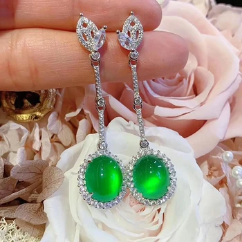 Prvotni načrt novega srebra, vdelan diamant zelena chalcedony ovalne dolgi uhani lepe temperament ženski nakit