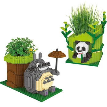 Risanka Panda Mini Majhnih Delcev, gradnikov DIY Srčkan Živali, Sajenje Trave Cvetlični lonček Sestavljanje modelov Opeke Igrače za Otroke Slike 2
