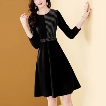 Samo Plus Črne Trakove Mozaik Obleka Ženske Jeseni 2021 Novo SlimTemperament Šivanje O-vratu Vse-se ujemajo z Obleko A-line Vestidos