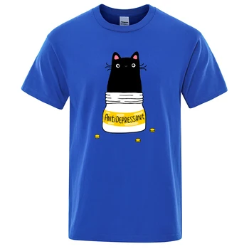 Strip Različico Malo Mačka Antidepresiv Tiskanje Človek T Shirt je Preprost Mehka T-Majice Modi Slim Top Kul Priložnostne Tshirts Moški Slike 2