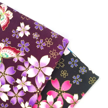 Temno Modra Natisnjeni Bronasto Bombažne Tkanine, Japonski Slog Cvetje Tkanine Za Kimono Cheongsam, Doma Tekstilne DIY Vreča Punčko Materiala Slike 2