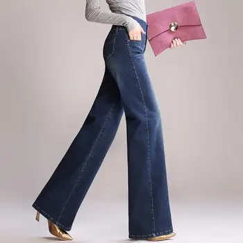 Visok pas širok noge kavbojke ženske nepakirana jeans hlače plu velikost celotno dolžino hlače