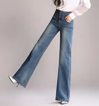 Visok pas širok noge kavbojke ženske nepakirana jeans hlače plu velikost celotno dolžino hlače Slike 2