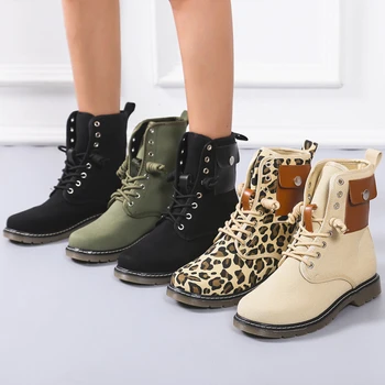 Čevlji za Ženske Škornji Ženske high-top platno jeseni in pozimi kratek zagonski čevlji leopard tiskanja gleženj škornji motorno kolo