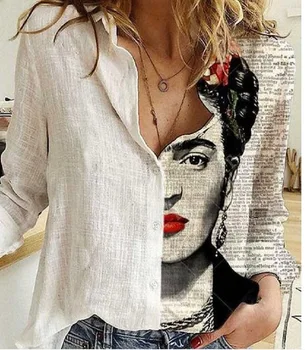 Ženske Portret Tiskanje Zavoj navzdol Ovratnik Gumb Bluzo Majica 2020 Jeseni Dolg Rokav Vrhovi Lady Nove Priložnostne Plus Velikost Vintage Bluze