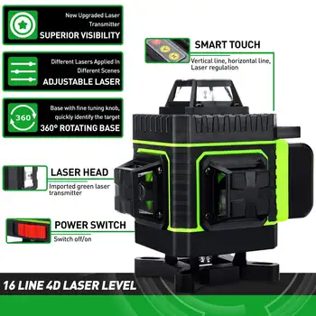 16 Linij 4D Laser Ravni 360 Vodoravno In Navpično Križ Super Močan Auto Self-Izravnavanje Green Line Laser Ravni EU različica