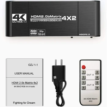 Navceker 18.5 Gbps HDMI Matrix 4x2 4K@60Hz HDMI Switch Splitter z SPDIF in L/R 3,5 mm HDR HDMI Switch 4x2 Podpora HDCP 2.2 3D