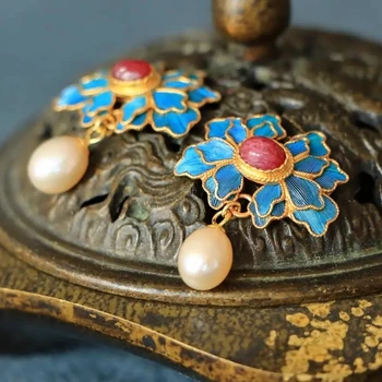 Original oblikovalec obrti Cloisonne pozlačenega svile Ruby Biser Uhani Kitajski retro slogu palace edinstven čar ženske srebrni nakit Slike 2